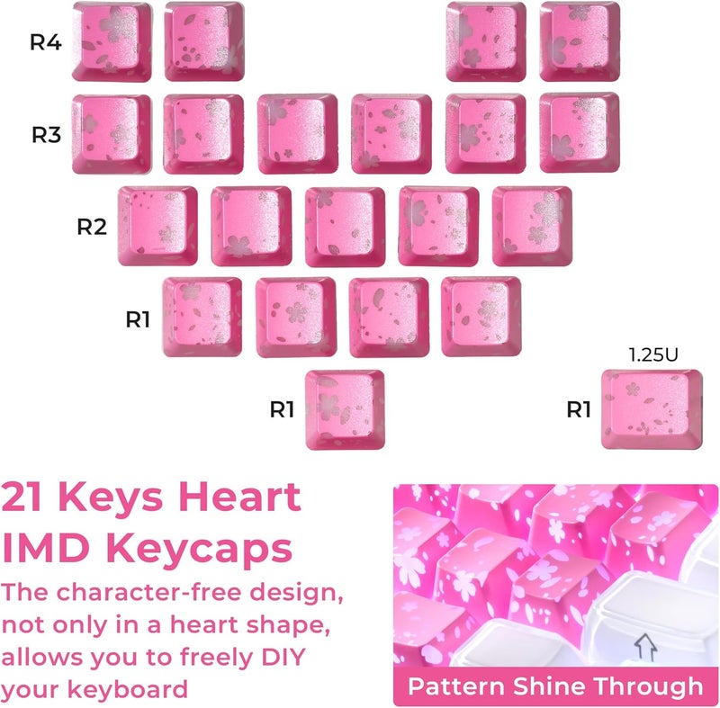 HITIME XVX Pink Sakura Cute Keycaps, Love Theme Shine Through Custom Keycaps, Blank OEM Profile IMD Translucent Keycap, for MX Switches Mechanical Keyboard, Pink(Only 21 Keys) - Image 4